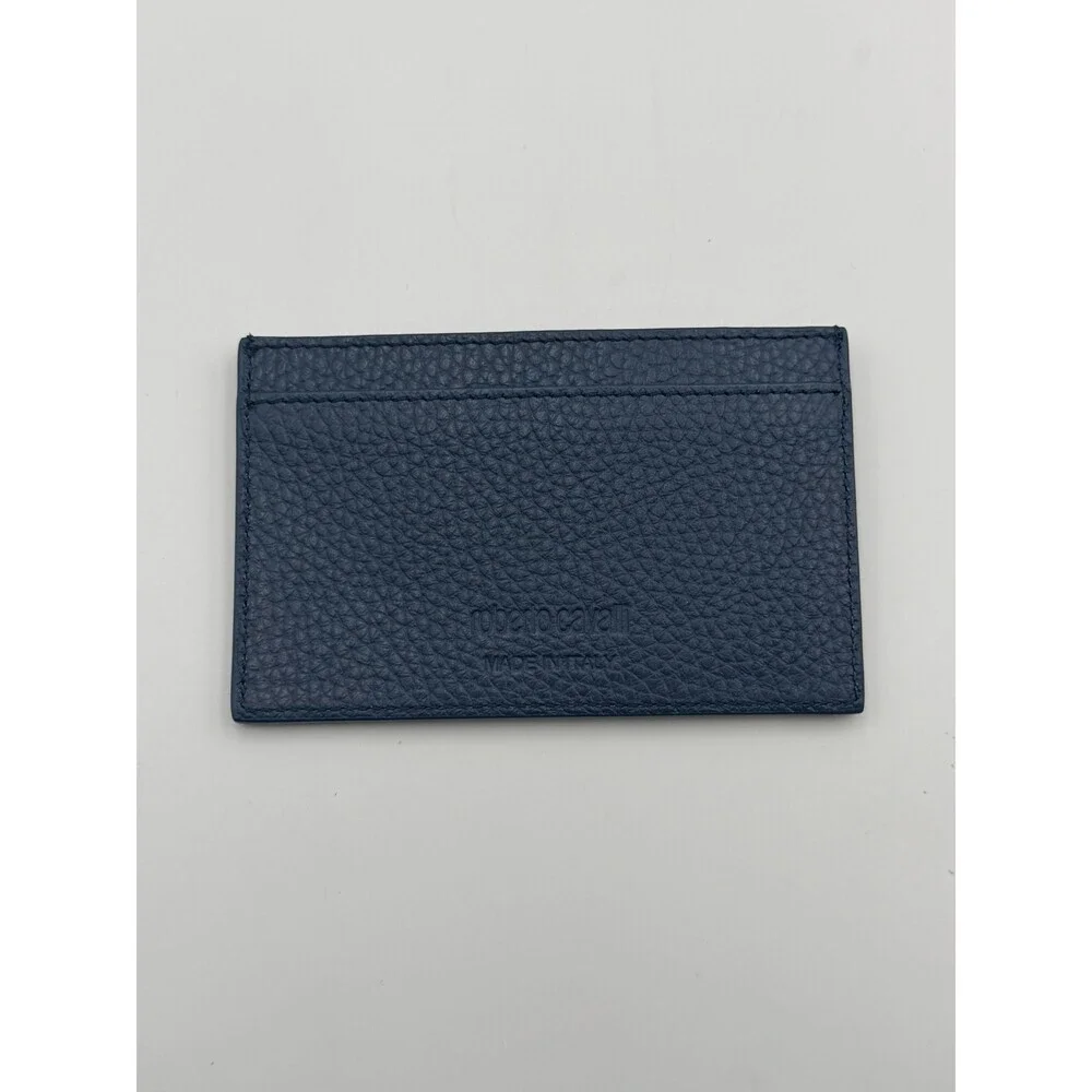 NEW Roberto Cavalli Card Holder Men's Blue Grained Leather Fashion Luxury Wallet